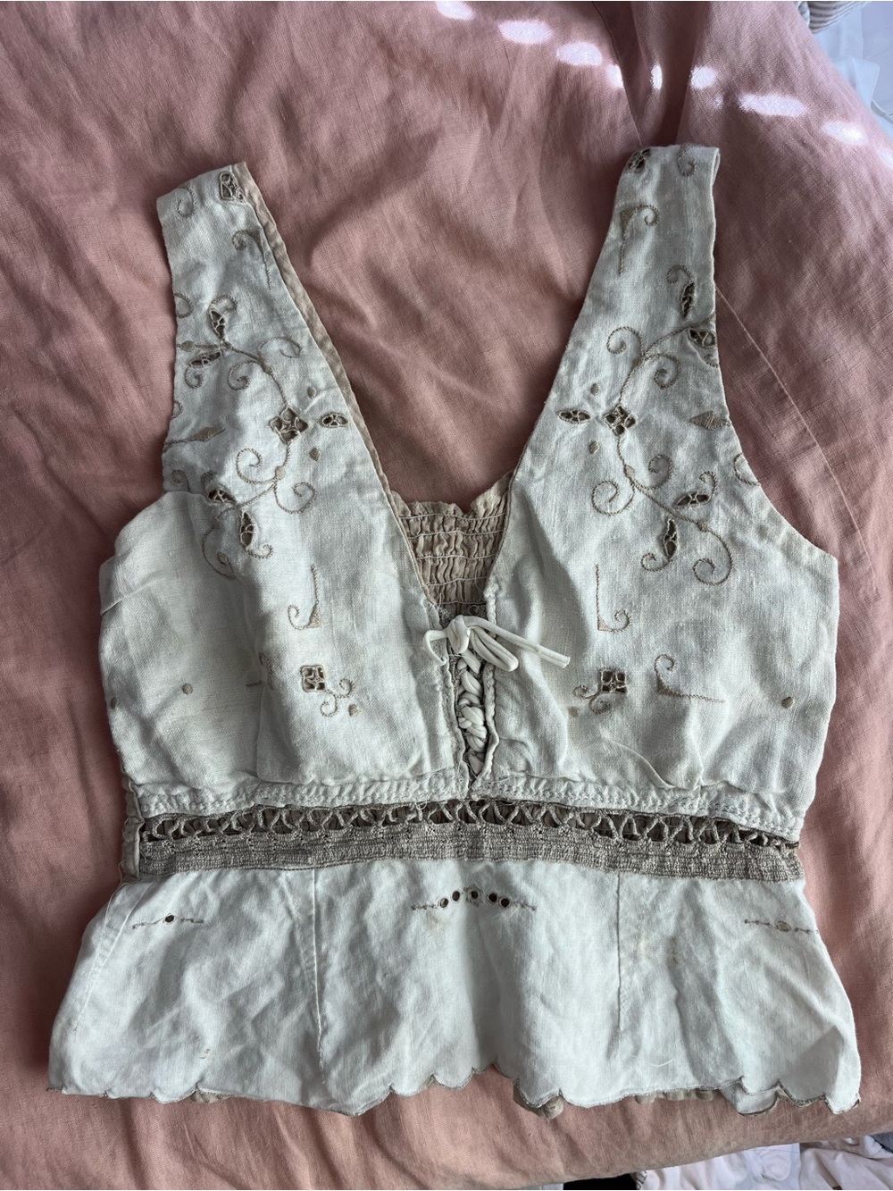 Boho Embroidered Ivory Linen Tank Dress Top